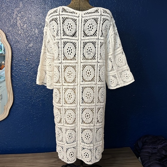 SOLITAIRE WHITE CROCHET GRANNY SQUARE OPEN KNIT CARDIGAN/KIMONO/DUSTER (M) - Picture 6 of 13